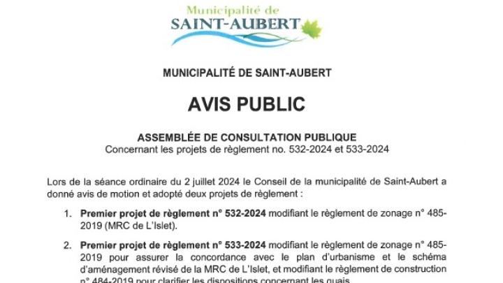 Avis public - Assemblée de consultation publique  - projets de règlements no 532-2024 et 533-2024