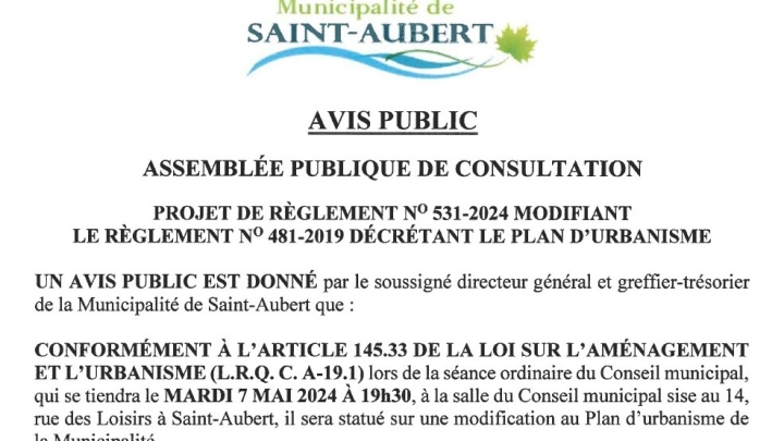 Assemblée publique de consultation - Projet de règlement modifiant le règlement 581-2019 décrétant le plan d'urbanisme
