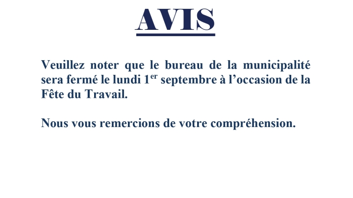Bureau fermé le 1er septembre - Fête du travail
