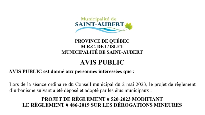 Projet de règlement 520-2023 modifiant le règlement 486-2019 sur les dérogations mineures