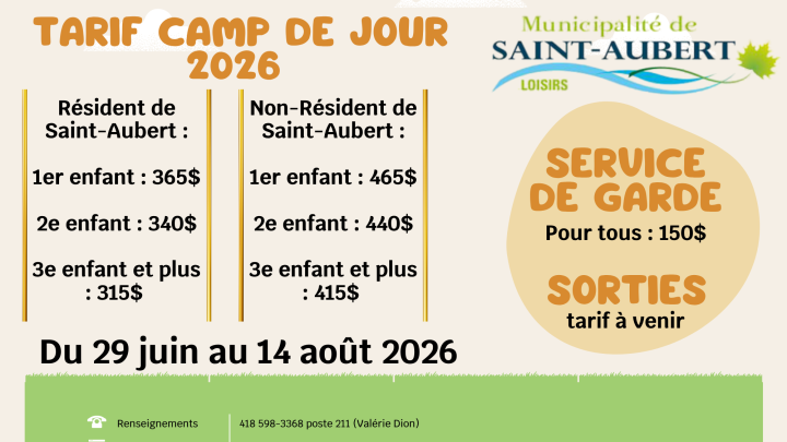 Tarifs camp de jour