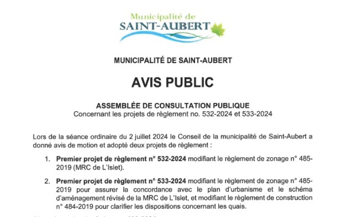 Avis public - Assemblée de consultation publique  - projets de règlements no 532-2024 et 533-2024