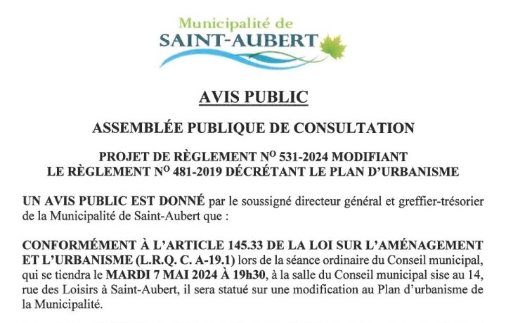 Assemblée publique de consultation - Projet de règlement modifiant le règlement 581-2019 décrétant le plan d'urbanisme