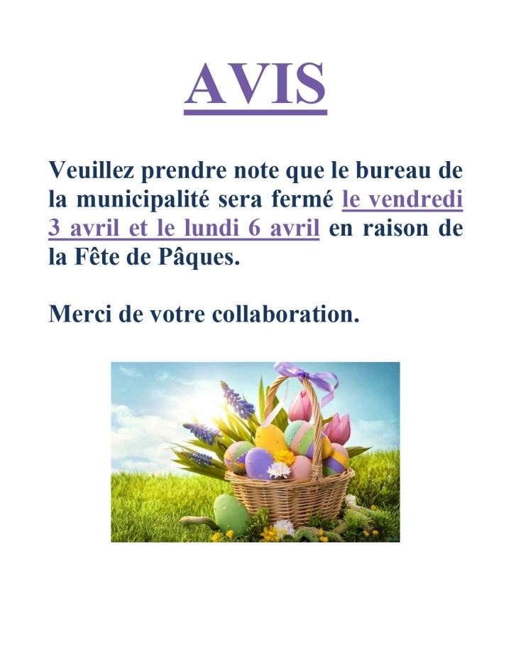 Fermeture bureau - Fête de Pâques