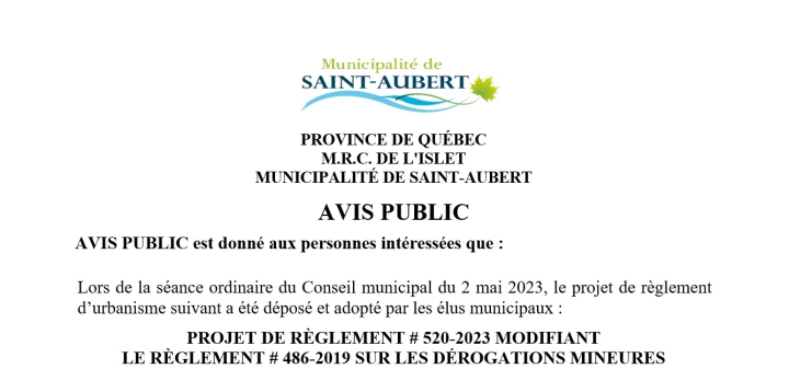 Projet de règlement 520-2023 modifiant le règlement 486-2019 sur les dérogations mineures
