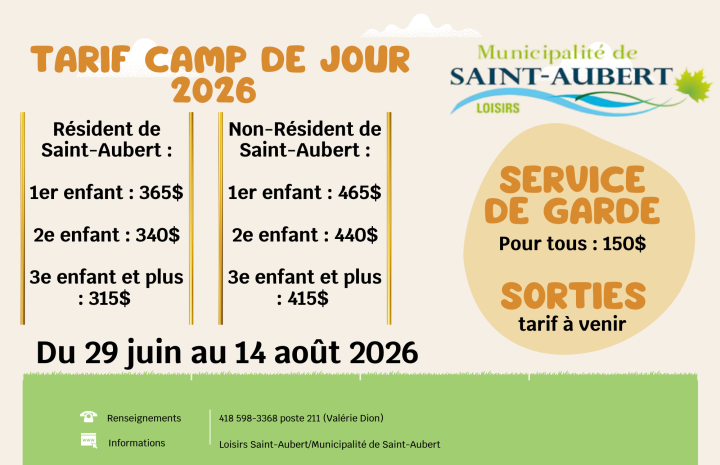 Tarifs camp de jour