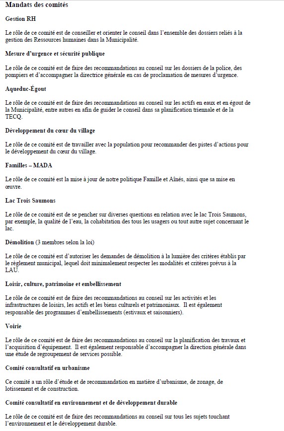 Mandats des comités