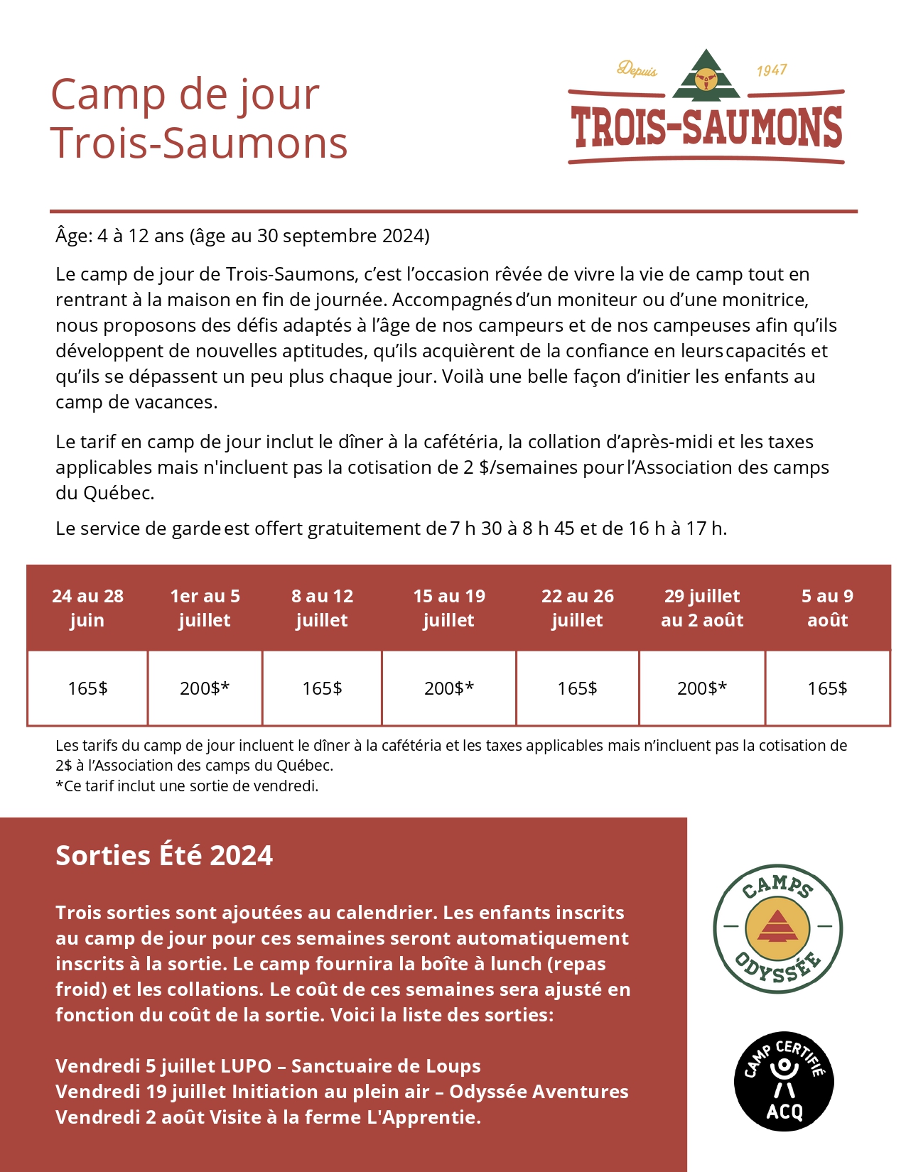 Tarifs Camp de jour Trois-Saumons 2024